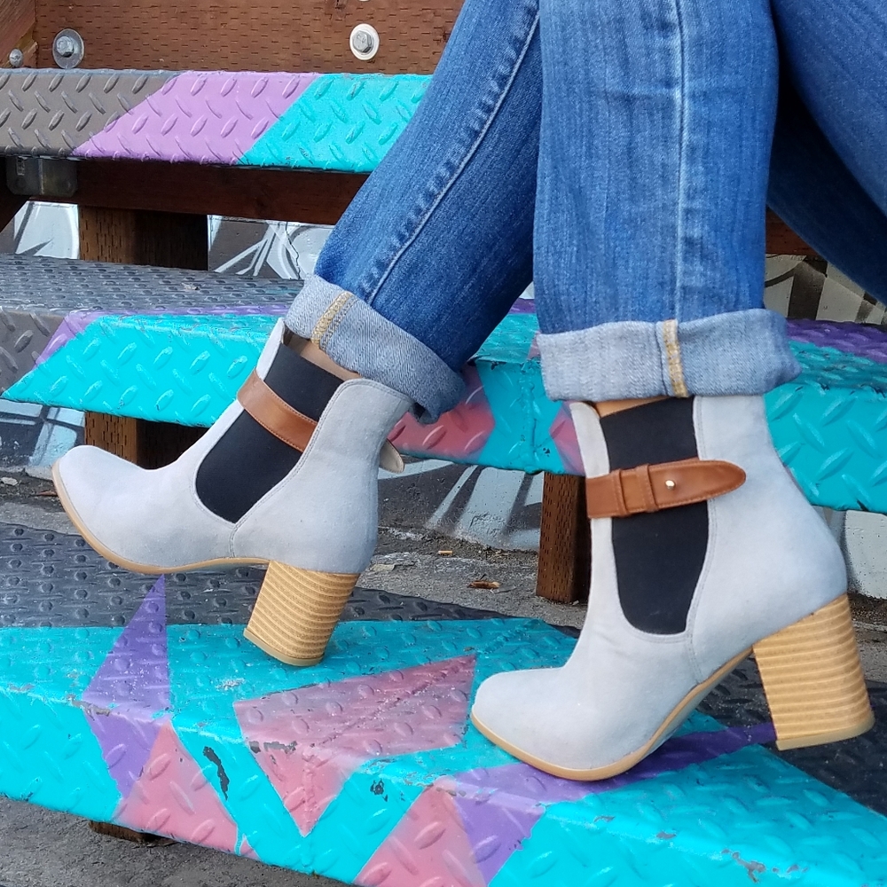 Vegan suede multi-color slip-on boots.